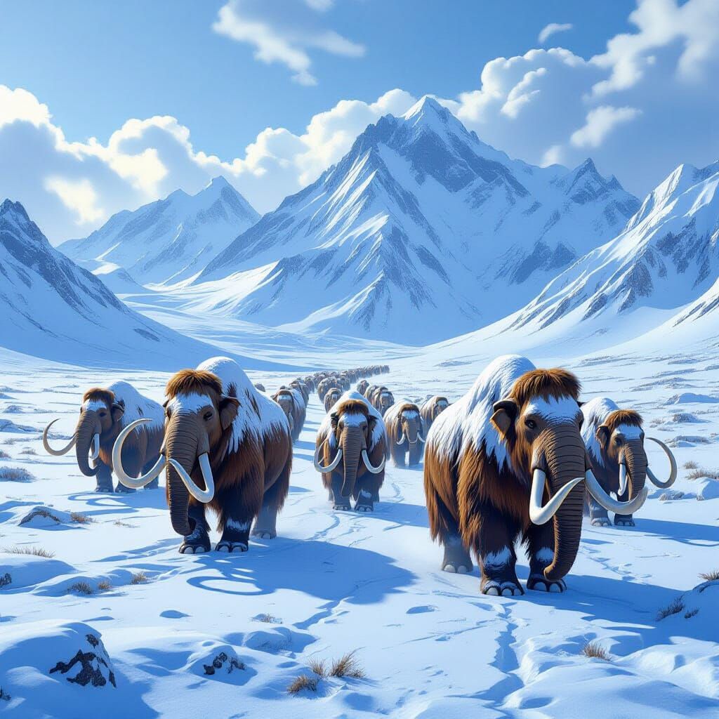 Woolly Mammoths Migrate Across Frozen Tundra as Matte Painti...