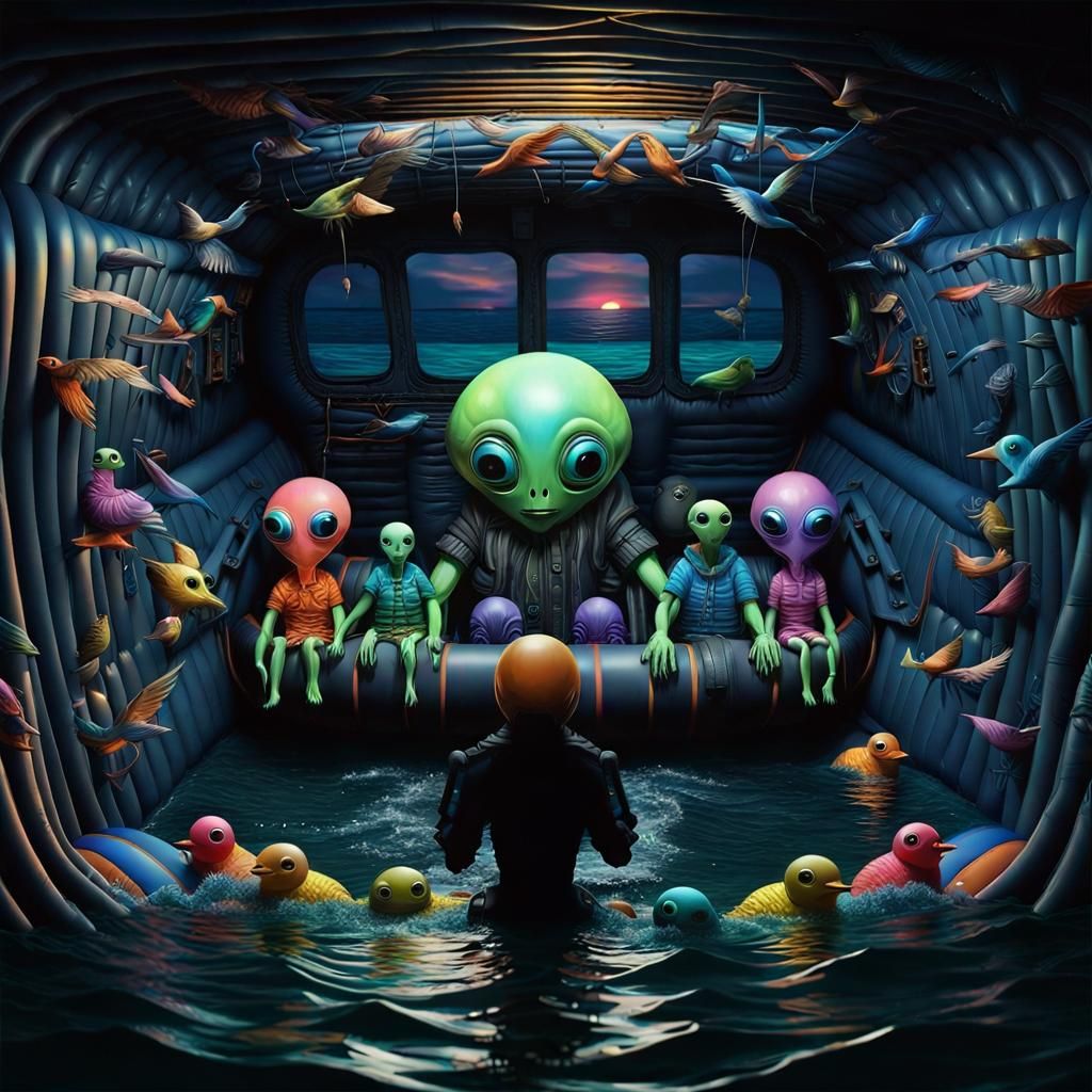 Sunset Alien Lifeboat in Cubist Glitchcore Style