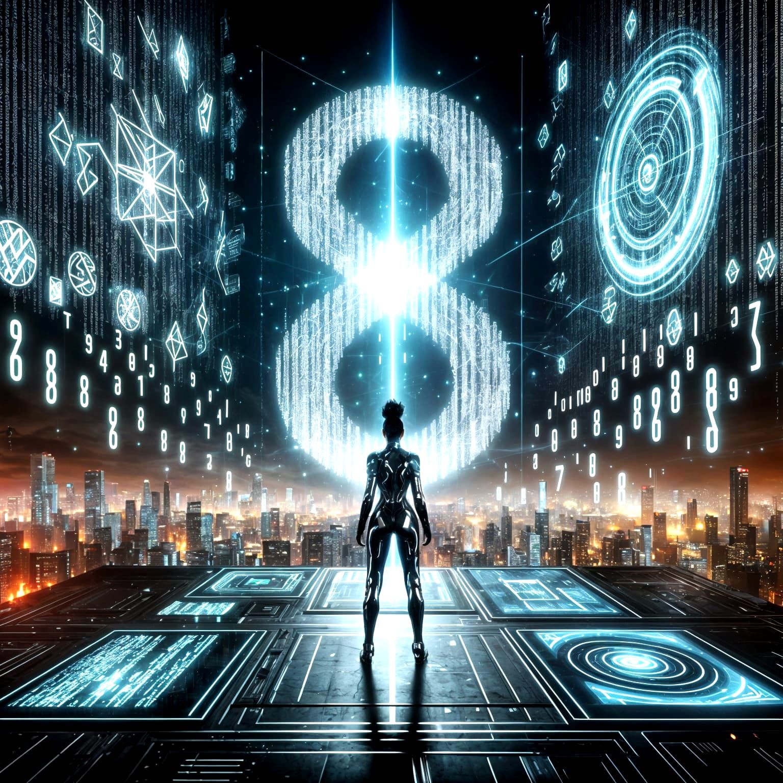 Futuristic Hacker Discovers Hidden Code in Neon-Lit Cityscap...