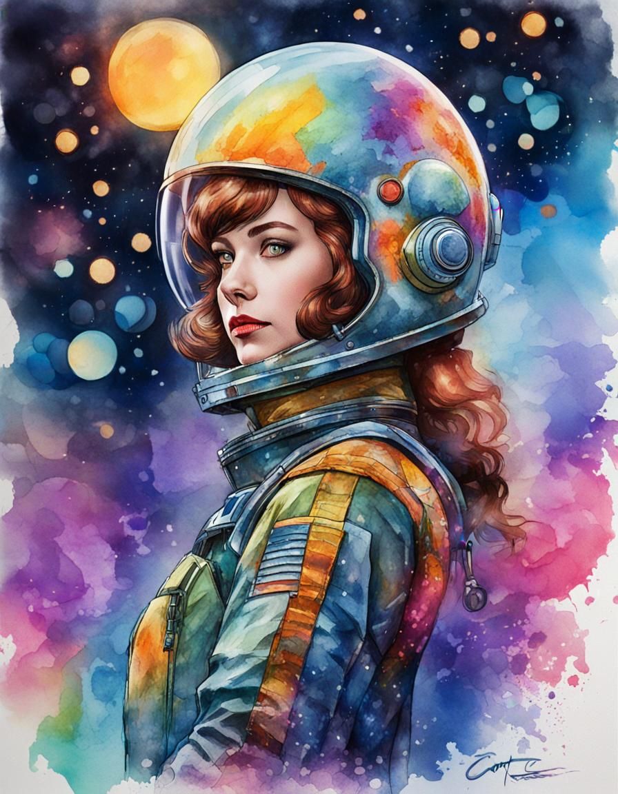 Retro Sci-Fi Pinup in Watercolor Spacesuit