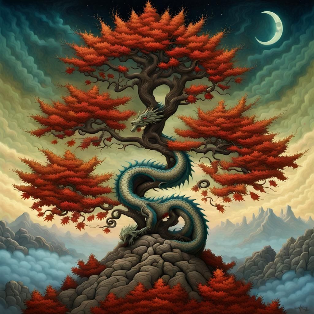 Chinese Dragon in Fractal Tree, Surrealist Fantasy Art