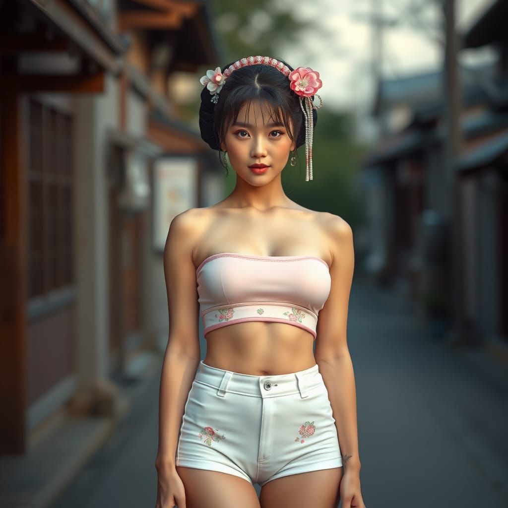 Geisha Woman in Modern Clothing, Hyperrealistic Digital Art