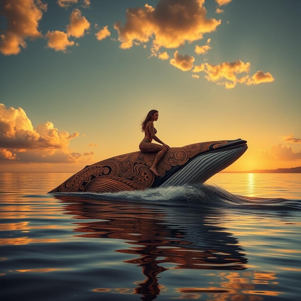 Woman Rides Whale with Gold Tattoos: Impasto Art