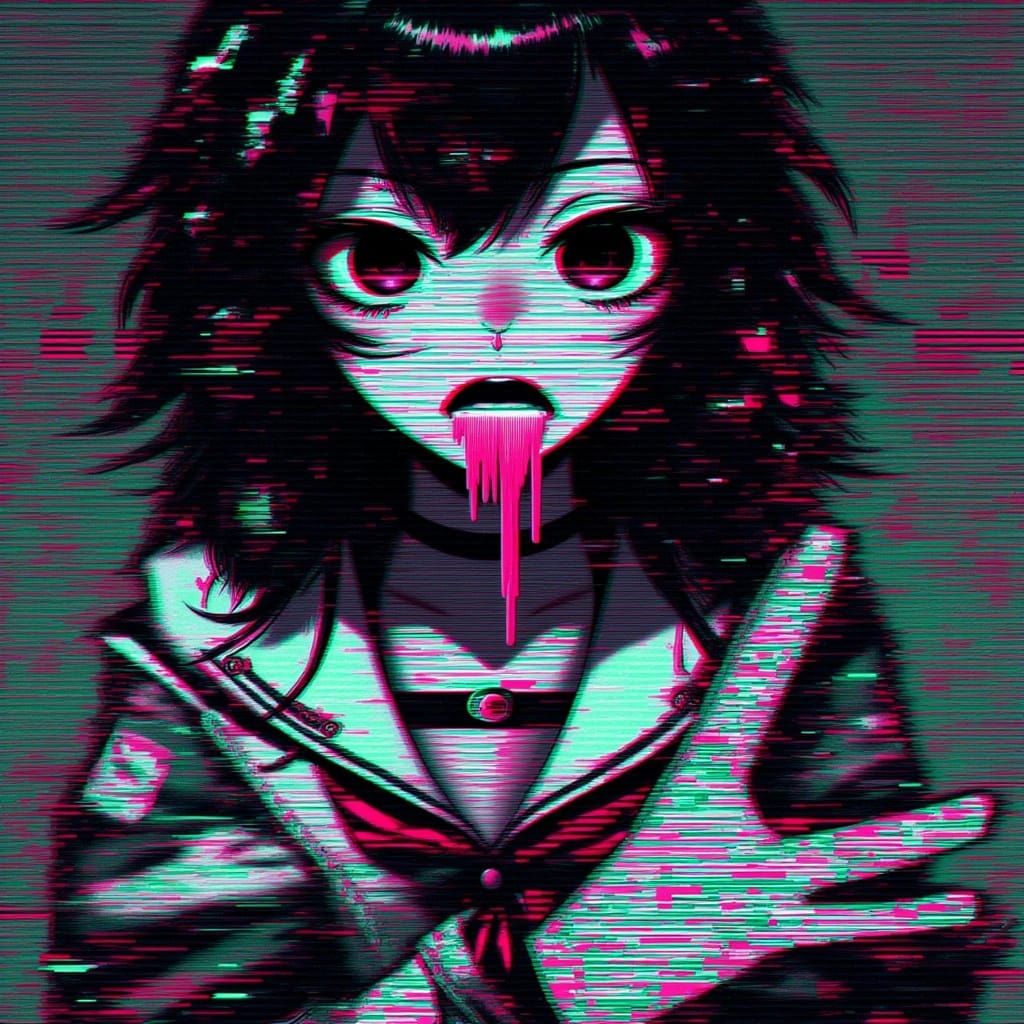 Distorted Cyberpunk Schoolgirl with Glitchy, Black Eyes