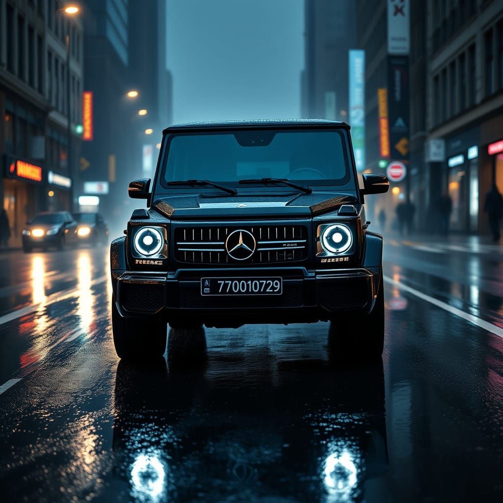 Sleek Mercedes G63 AMG Cruises Rainy Night Street in Moody A...
