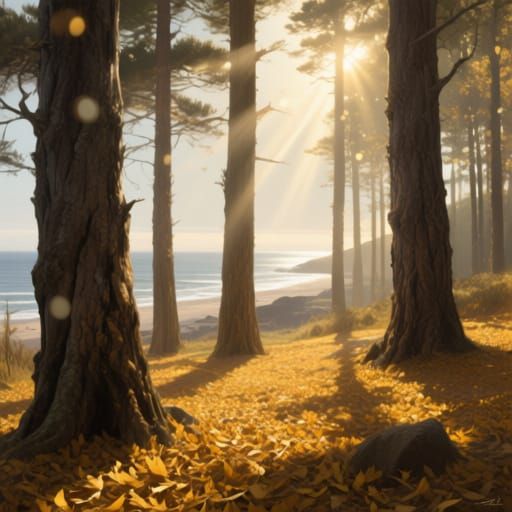 Sun-Drenched Fir Forest with Coastal View