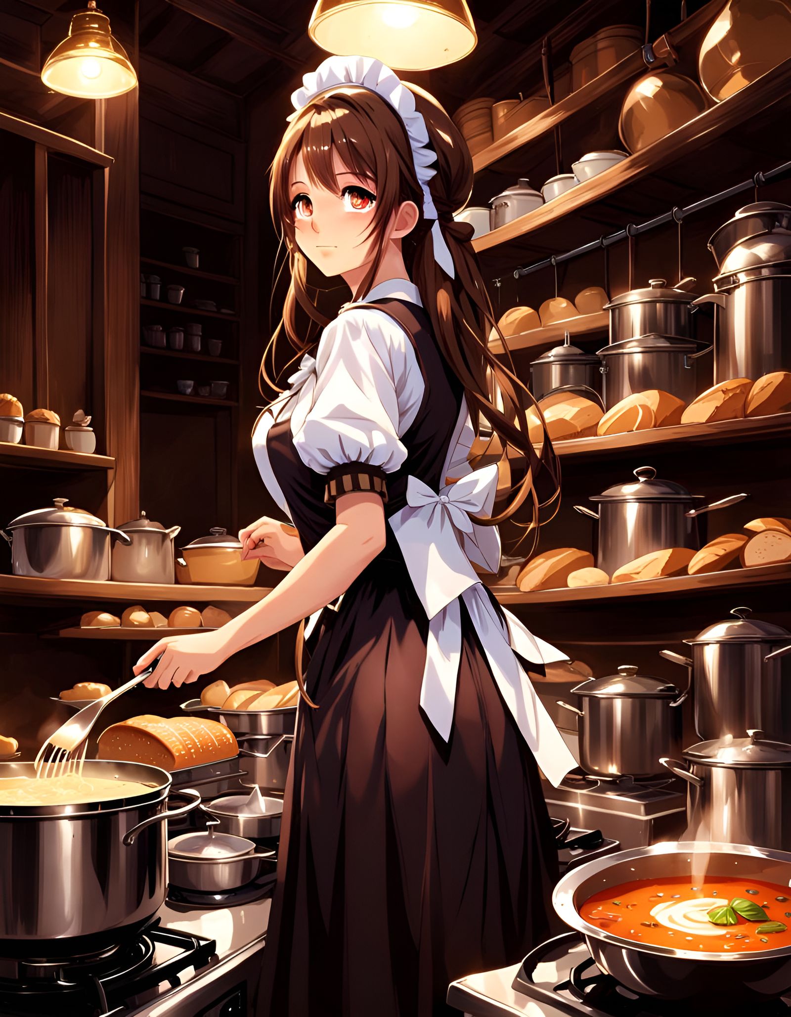 Anime Maid Cooking Soup at Night