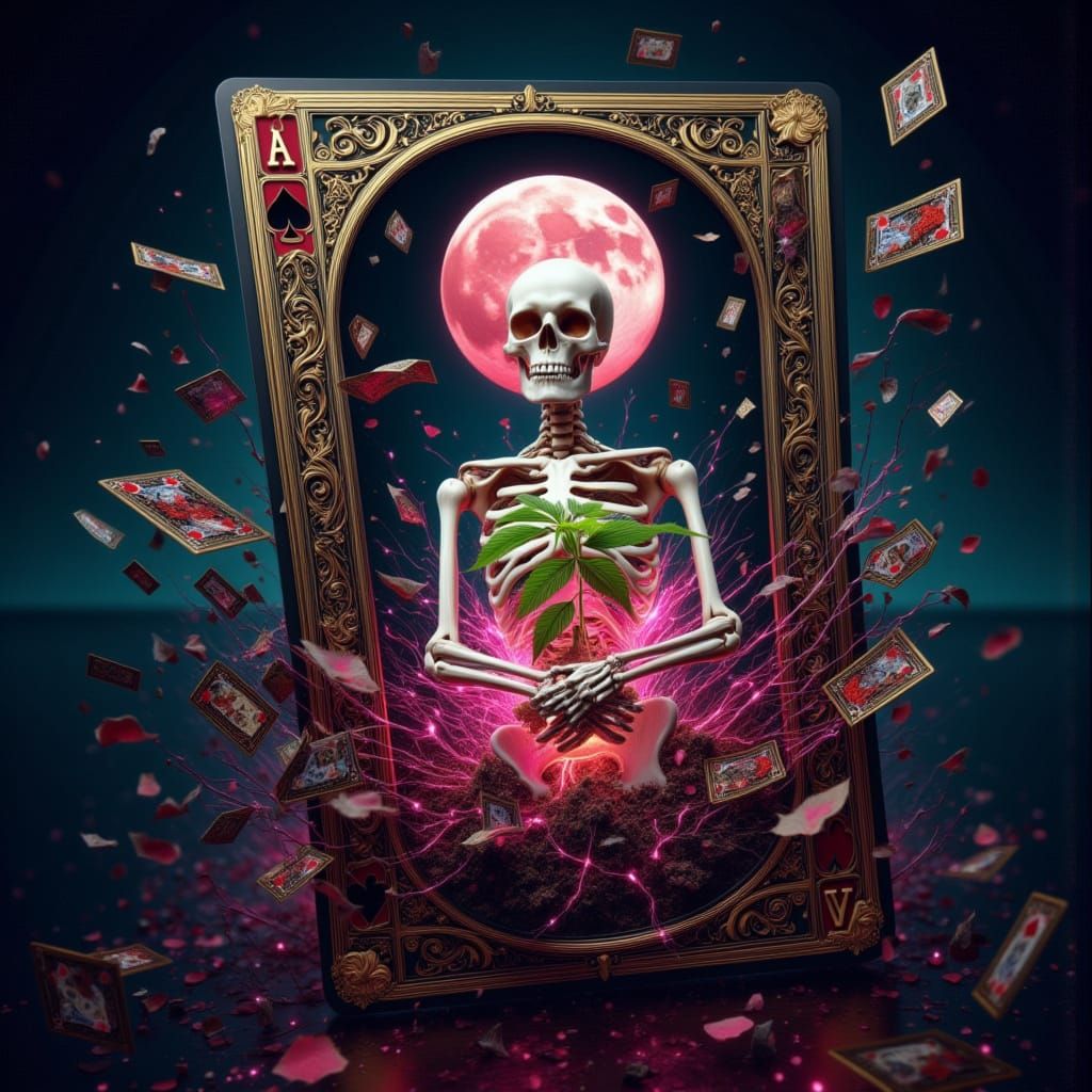 Skeleton's Mystical Rebirth with Cannabis Seedling
