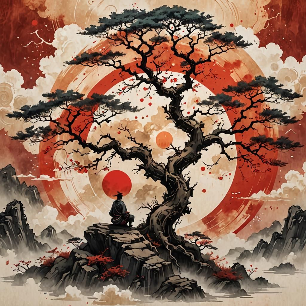 Old Tree and Lone Samurai: Chinese Ink Painting
