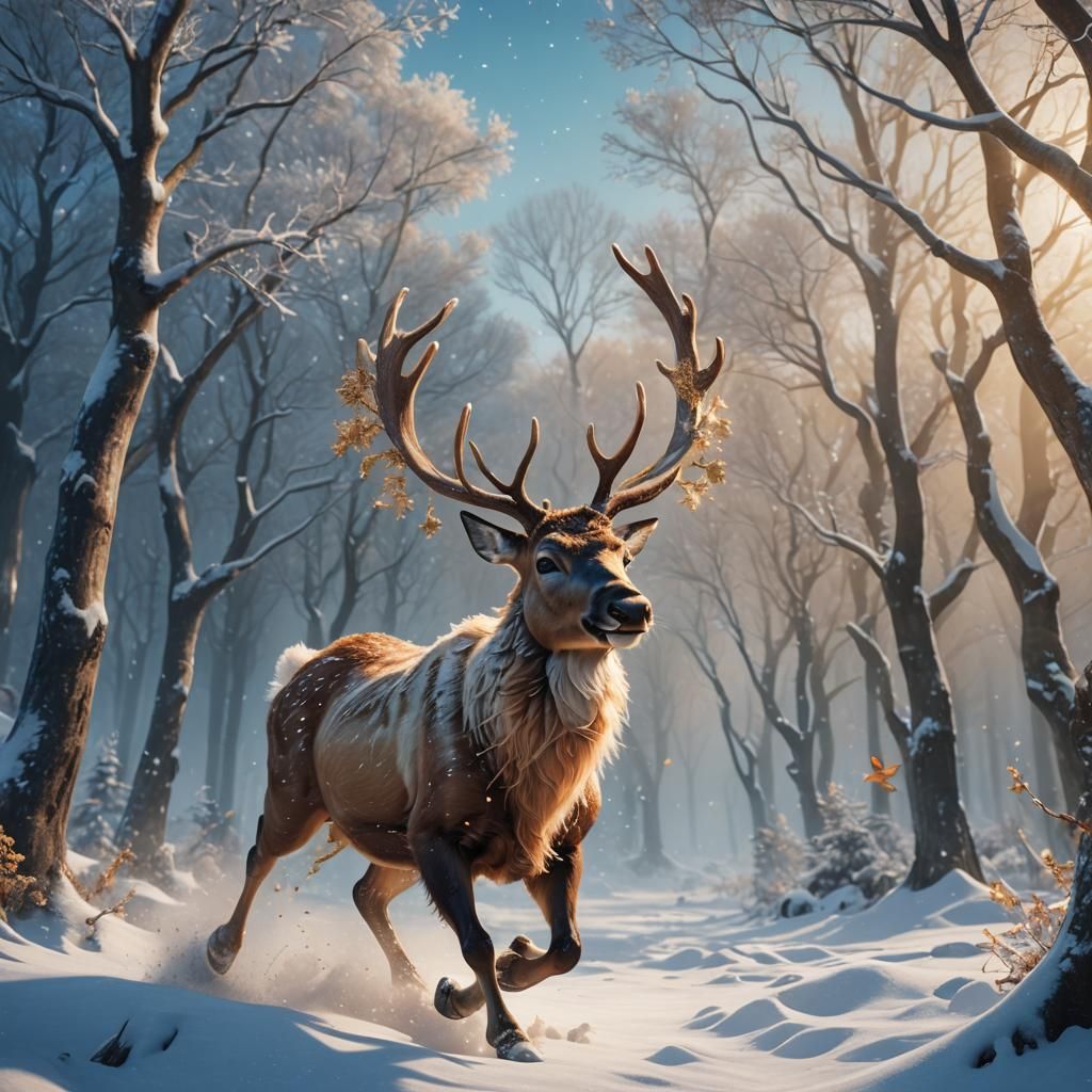 Smiling Reindeer Jumps in Winter Wonderland