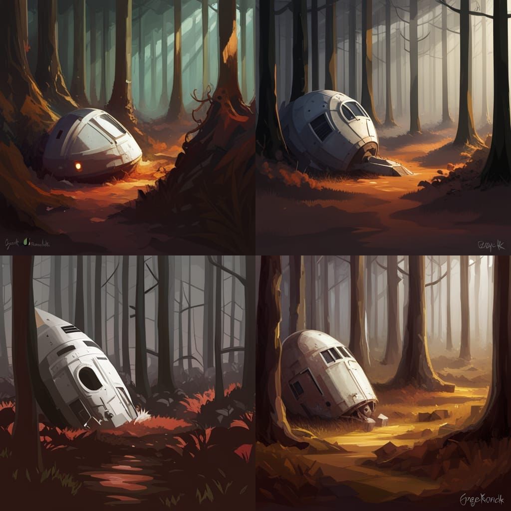 Crashed Escape Pod in Dark Forest by Rutkowski