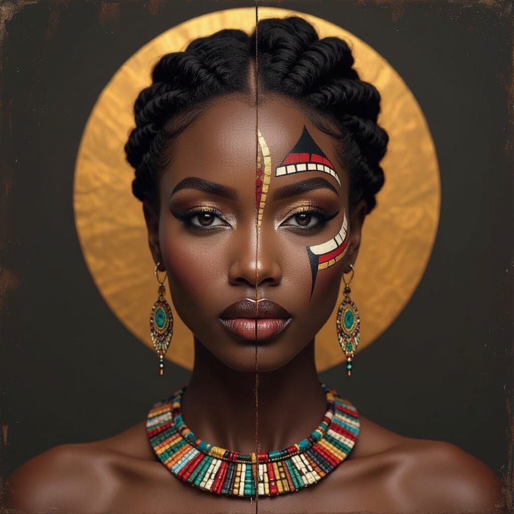 African Woman Portrait with Tribal Warrior Face