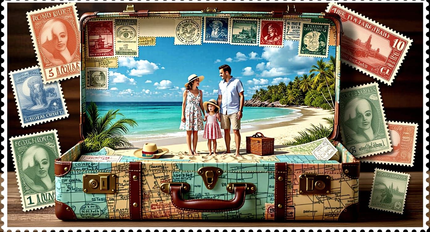 Miniature Family Vacation in Suitcase with Vintage Stamps