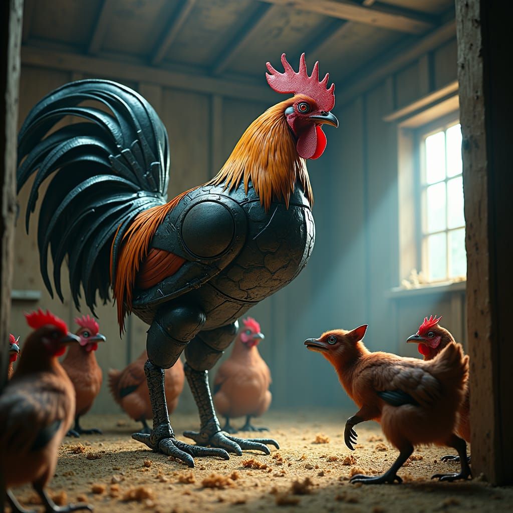 Metallic Robot Rooster Dominates Chicken House