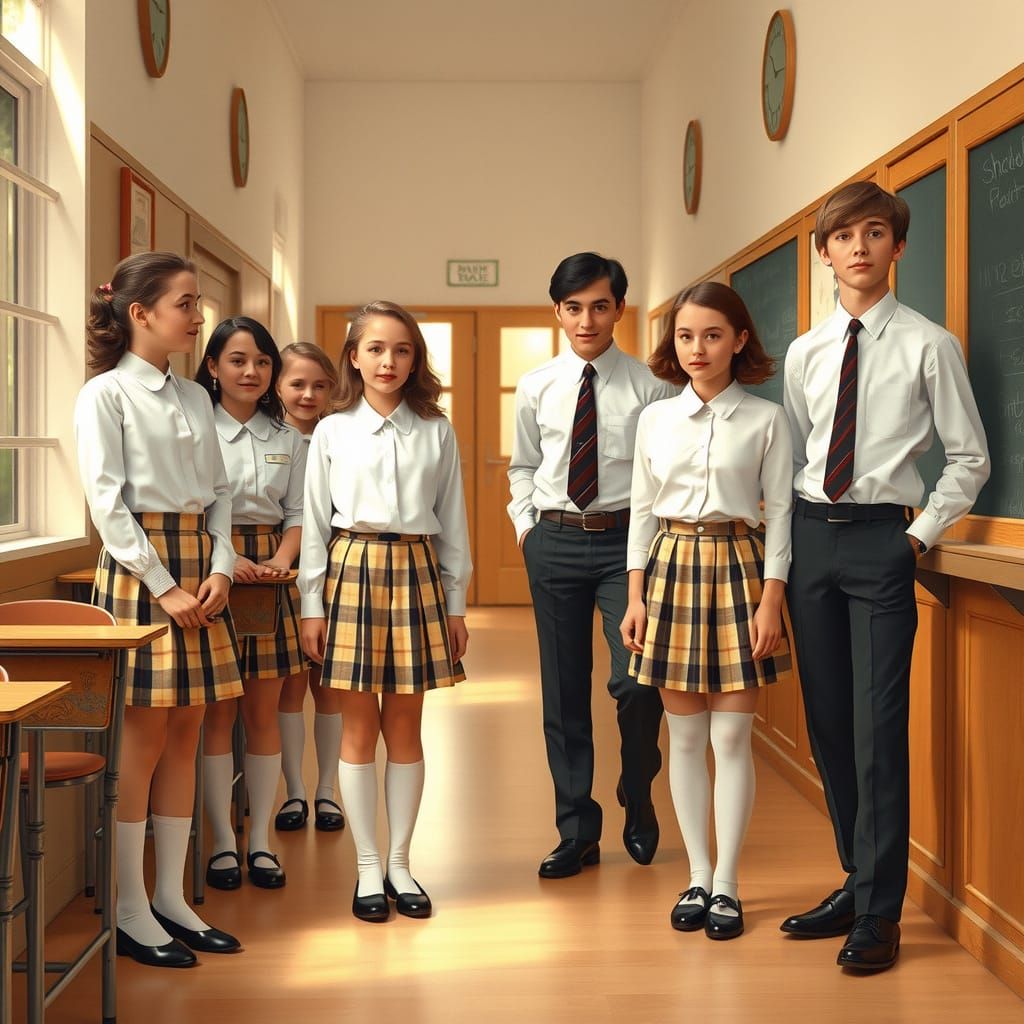1950s-Style Students in a Classic School Hallway