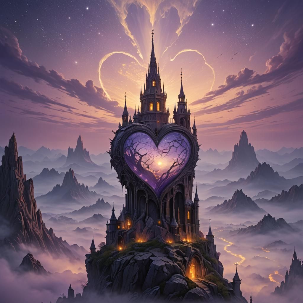 Mystical Heart Spire Under Twilight Sky