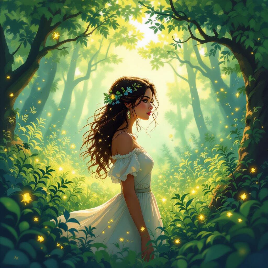 Enchanting Forest Scene with Woman in Dreamlike Style