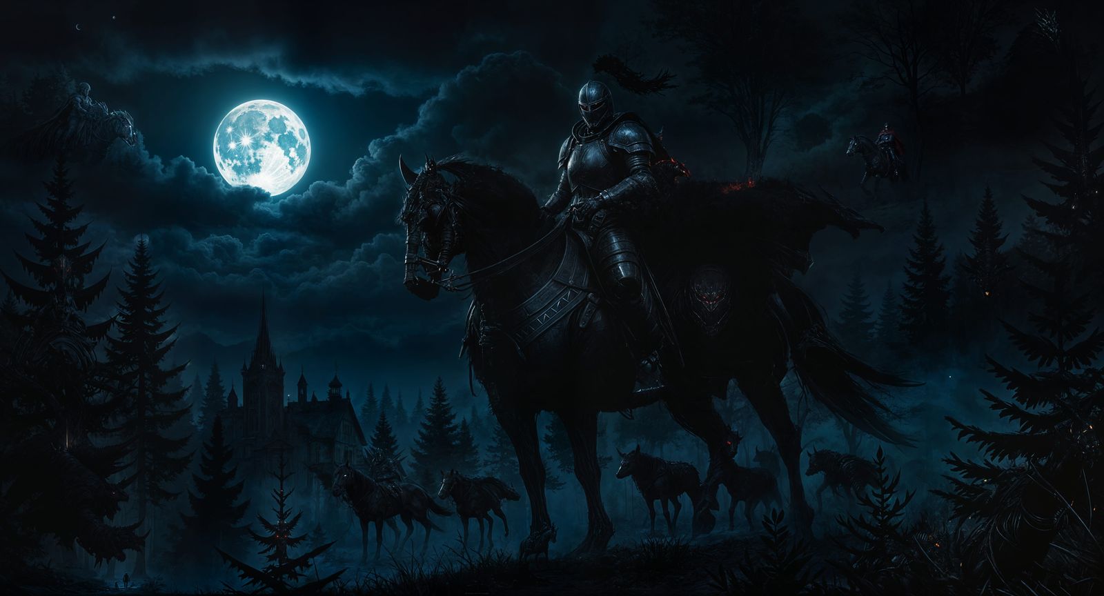 Armored Knight on Black Steed in Dark Forest