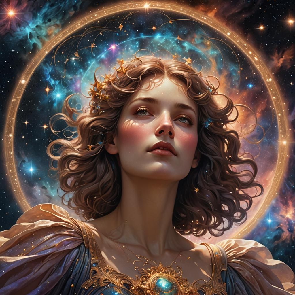 Woman in Nebula: Digital Art Nouveau Portrait