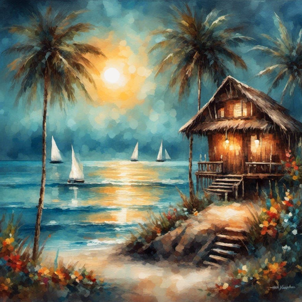 Tropical Island Tiki Hut Watercolor Painting