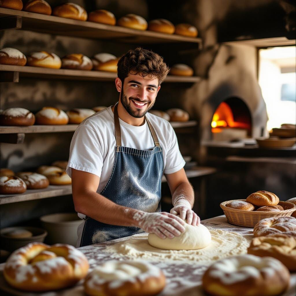 Israeli Baker's Gentle Smile in Warm Bakery Light
