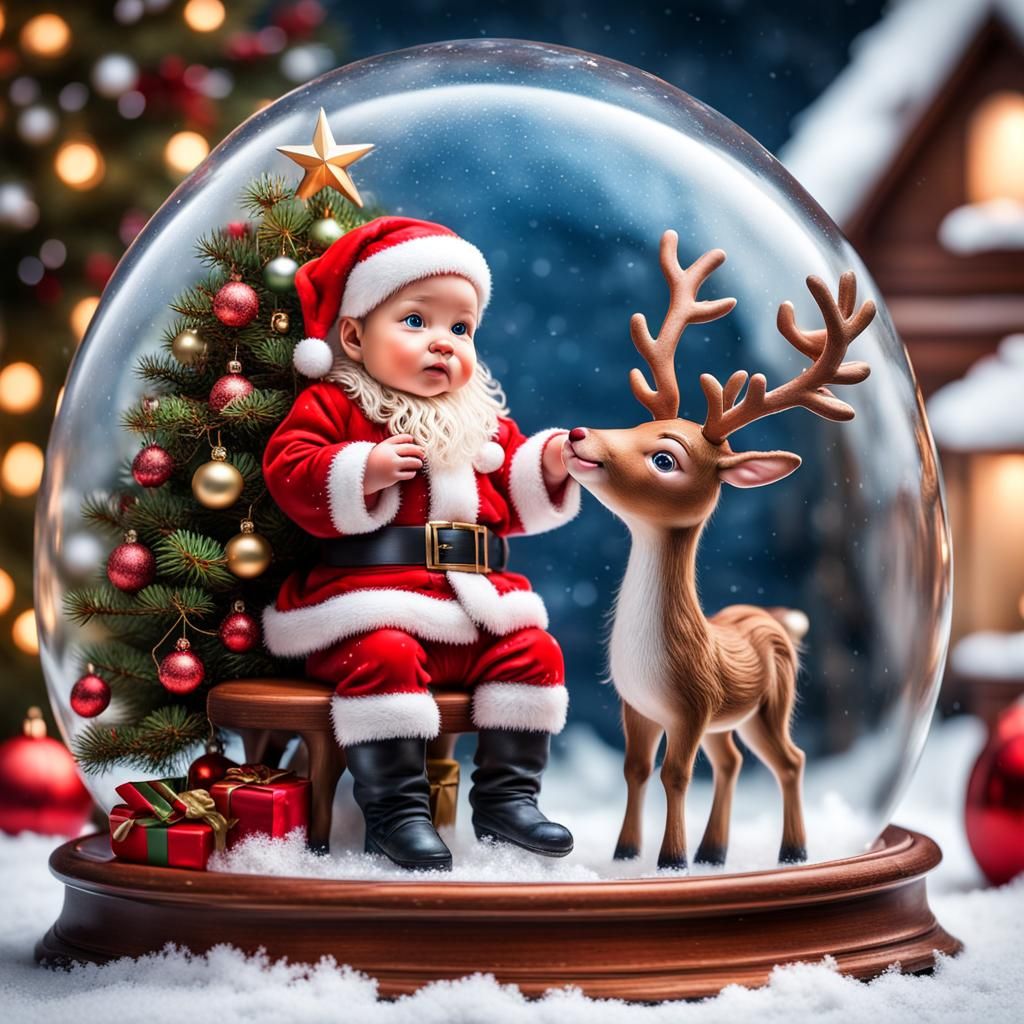 Baby Santa and Reindeer in Snow Globe
