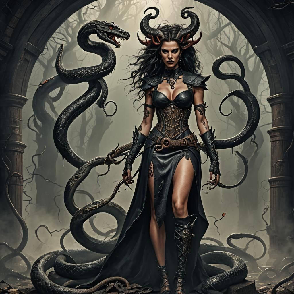 Gothic Woman with Snake Tattoo, Detailed Matte Painting