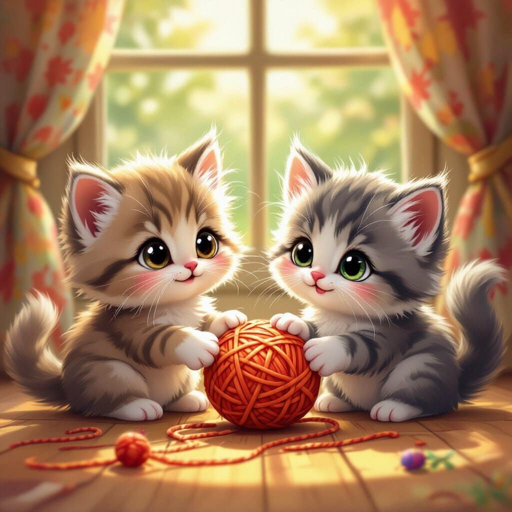 Fluffy Kittens Play With Yarn in Whimsical Children's Book S...