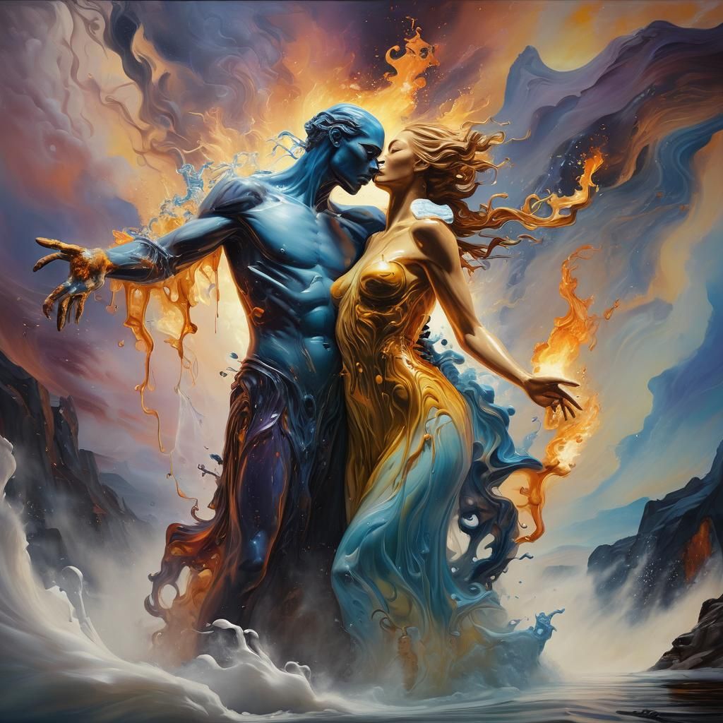 Surreal Ice Figure Embracing Fire Spirit in Oil