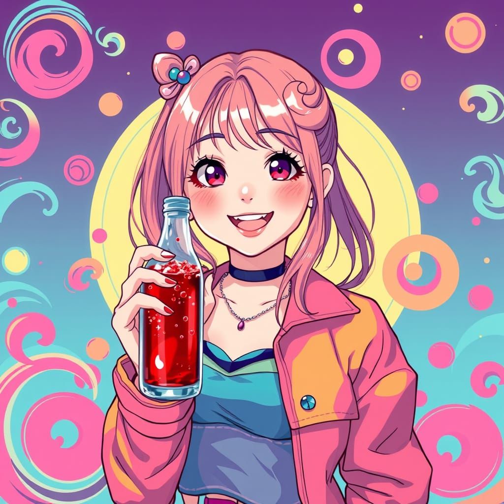 Kpop Idol with Soda Pop in Pastel Anime Style