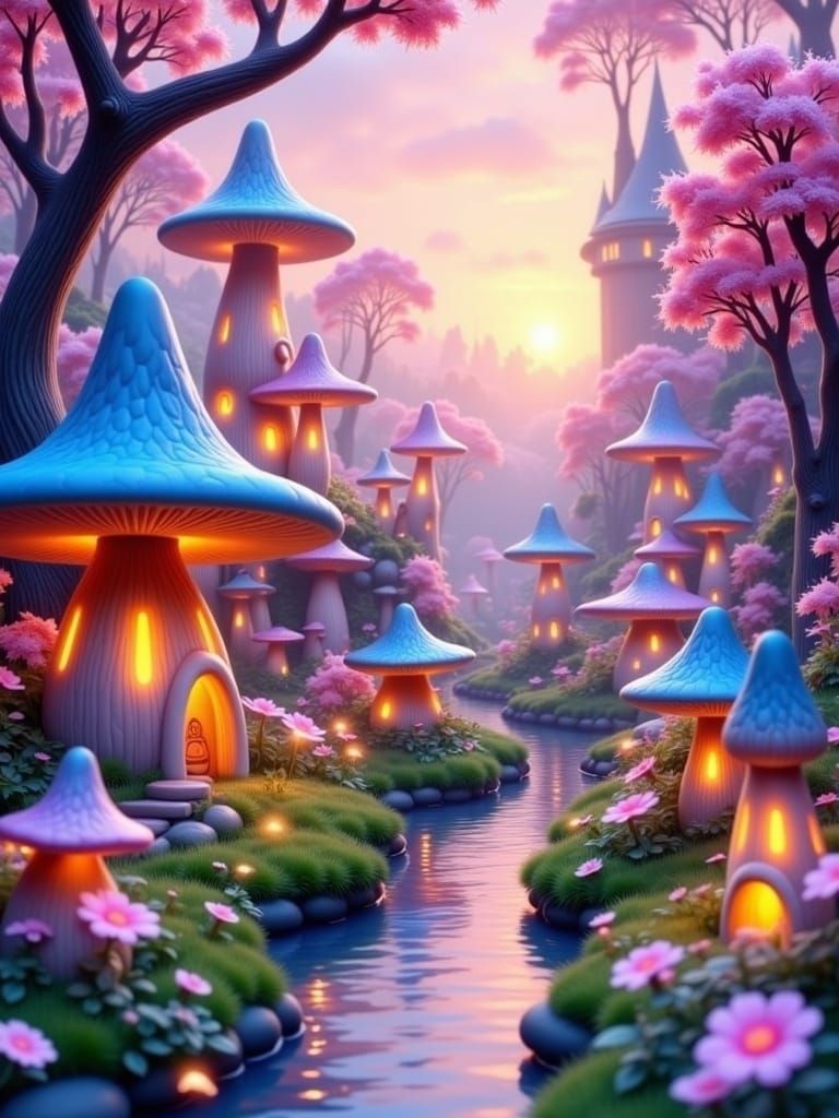 Dreamy 3D Fairy Village Scene in Pastel Colors