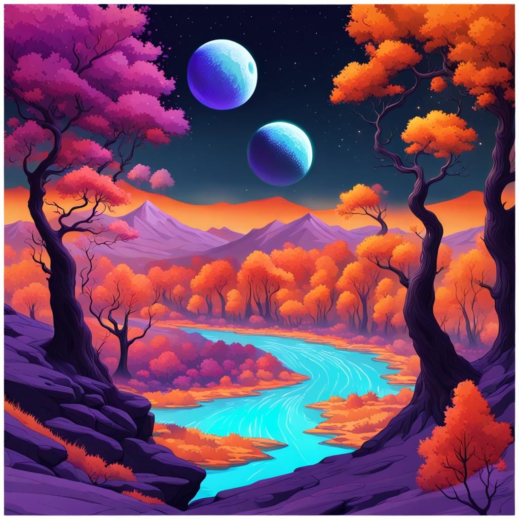 Surreal Alien Autumn Landscape with Purple Trees