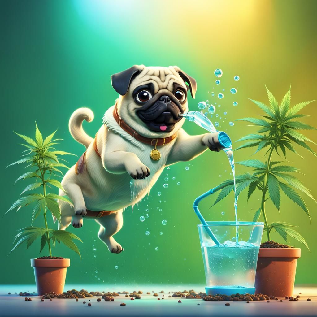 Pug Dog Waters Marijuana Plant: Pixar-Style 3D Art