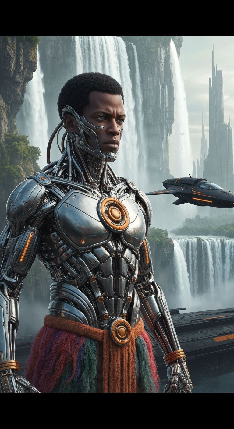Afrofuturistic Cybernetic Warrior in Metallic Cityscape