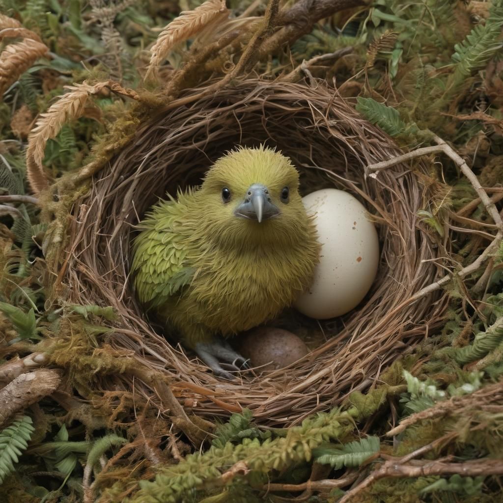 Kakapo Chick Hatching in a Fantastical New Zealand Scene