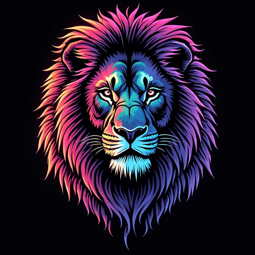 Psychedelic Neon Lion on Black Background