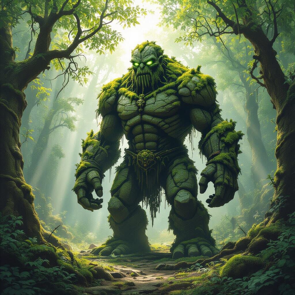 Moss-Covered Golem Awakens in Mystical Forest Clearing