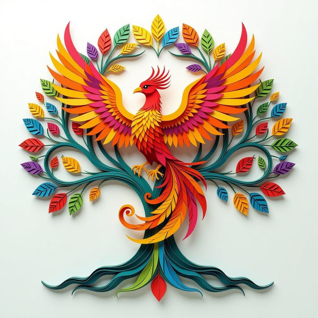 Papercraft Phoenix Rising from Rainbow Tree of Life