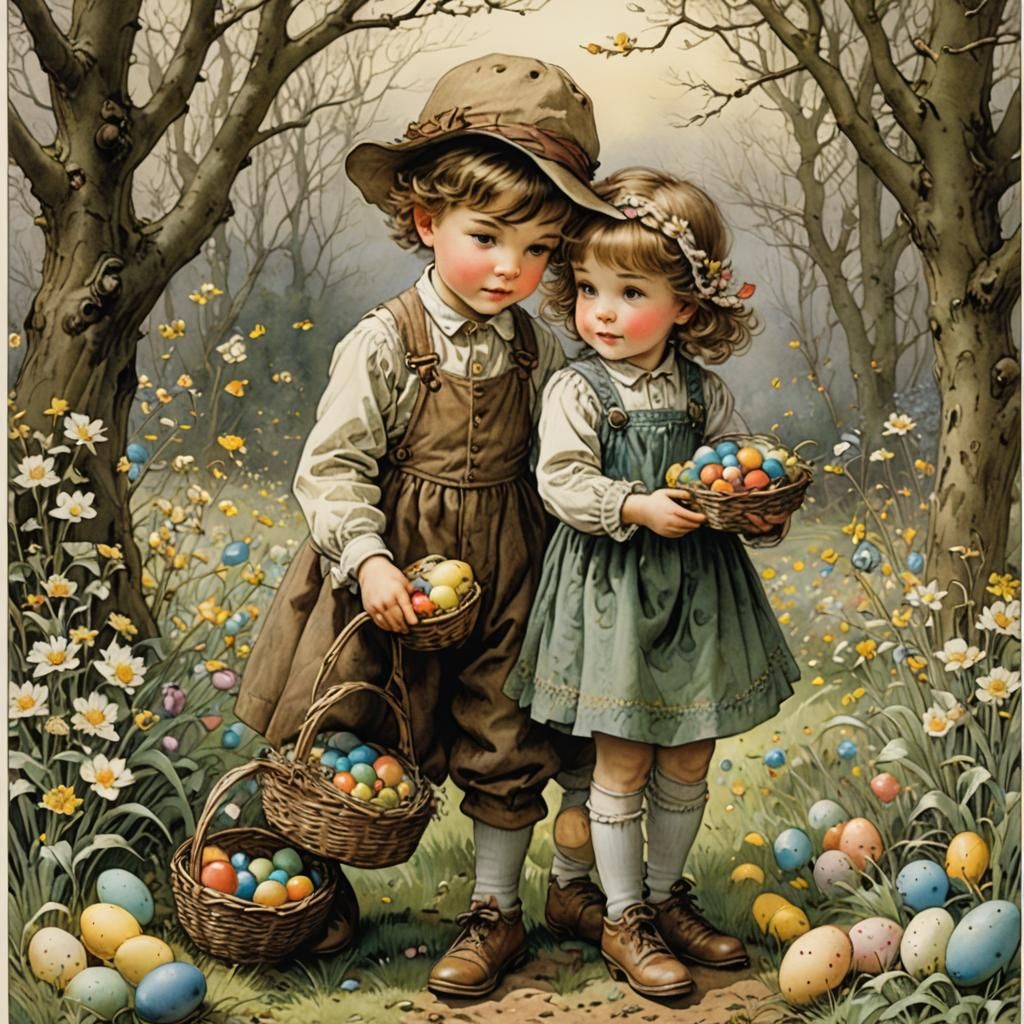 Children's Easter Egg Hunt, Golden Age Illustration