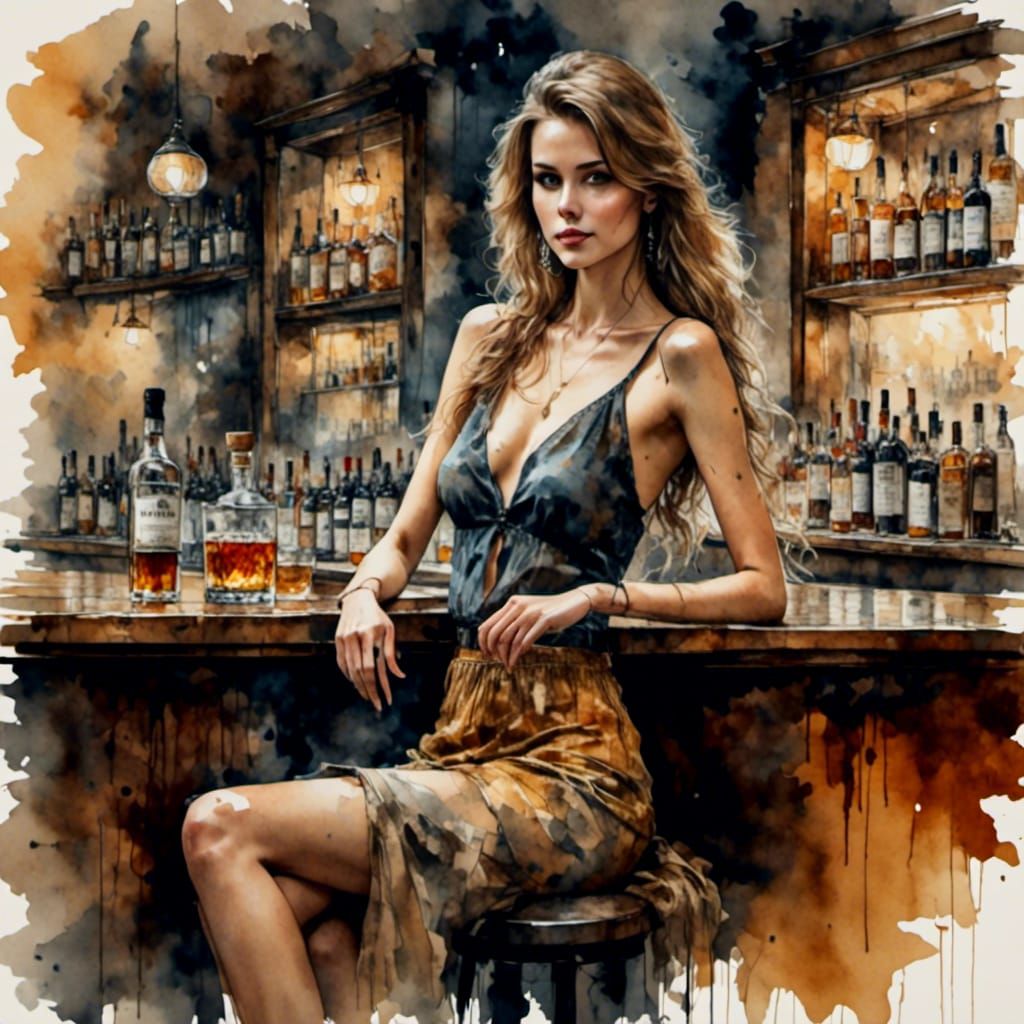 Exotic Woman at Bar in Antique Watercolor Style