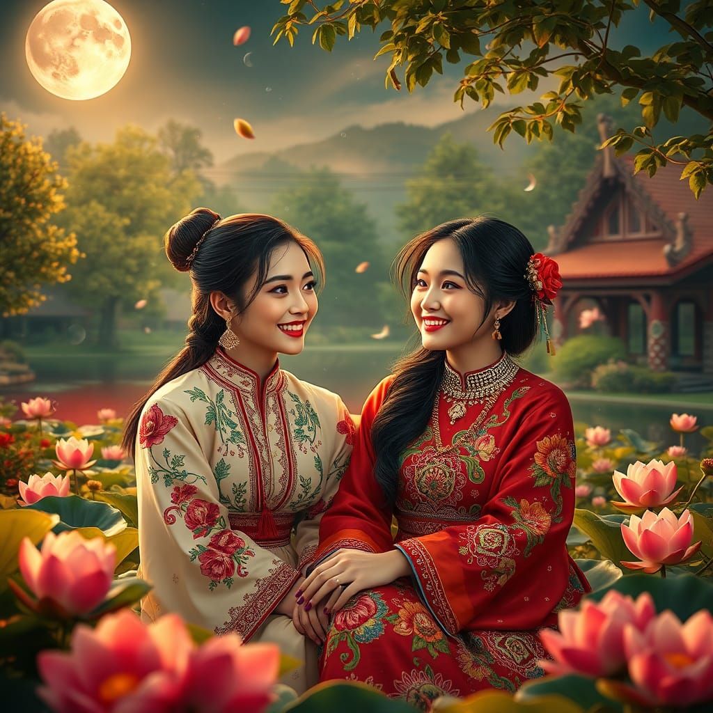 Couple in Picturesque Russian Village, Digital Matte Paintin...