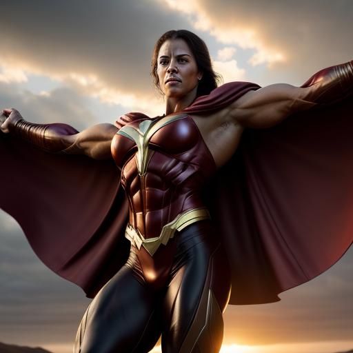 Super Muscular Woman Bodybuilder Flexing in Flight