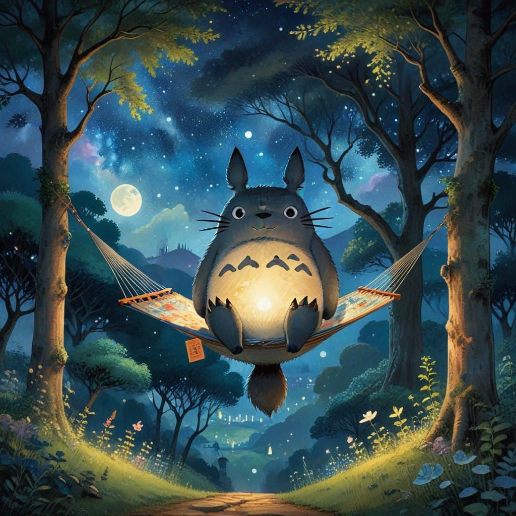 Totoro Slumbers in Whimsical Japanese Forest Scene