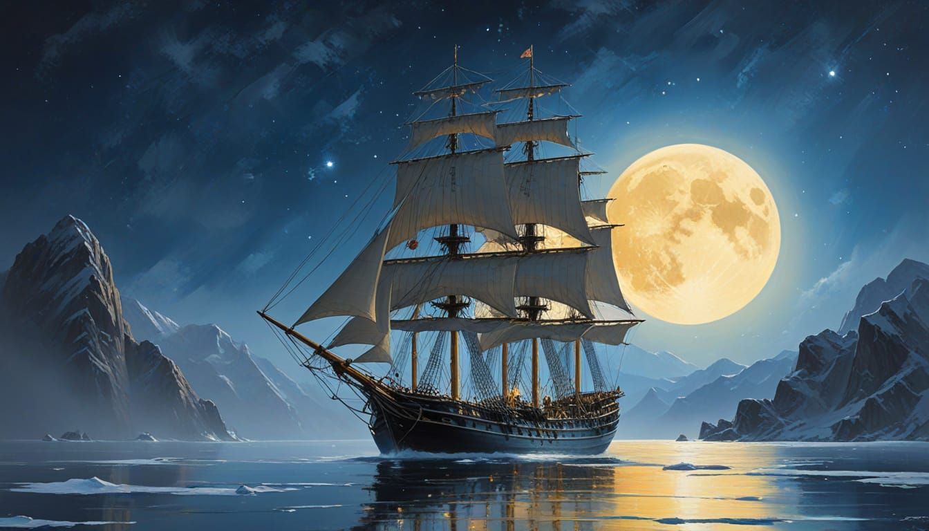 Spectral Sailing Ship under Golden Sea under Blue Moon