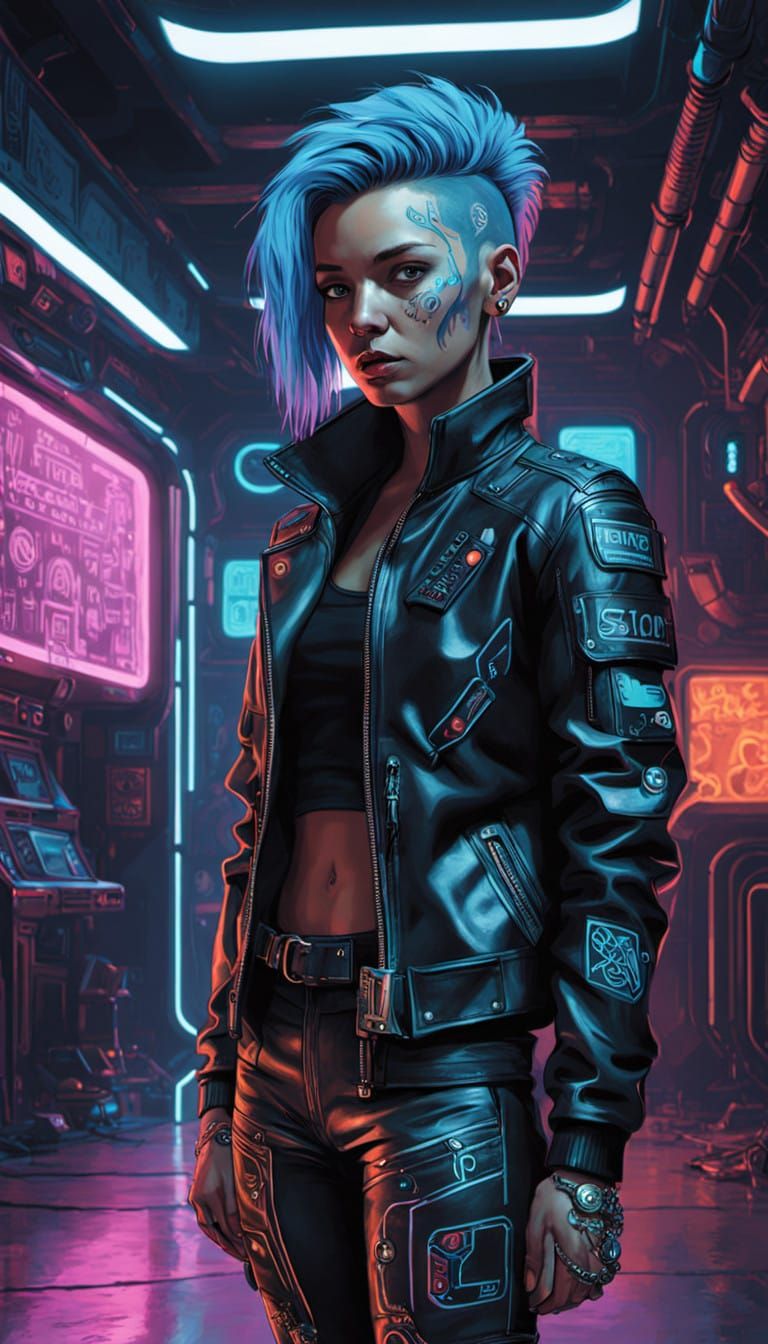 Cyberpunk Woman in Neon-Lit Space Ship