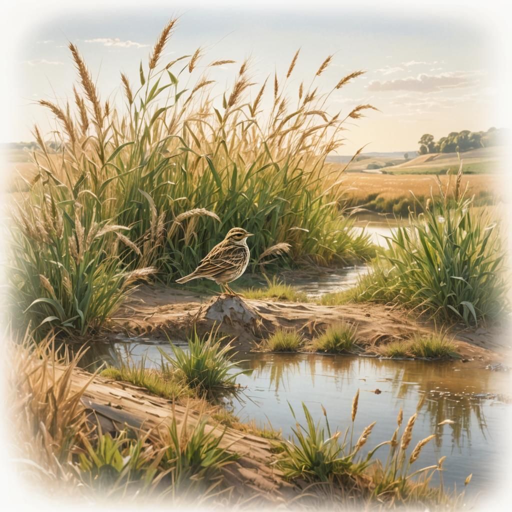 Eurasian Skylark Over Golden River Landscape