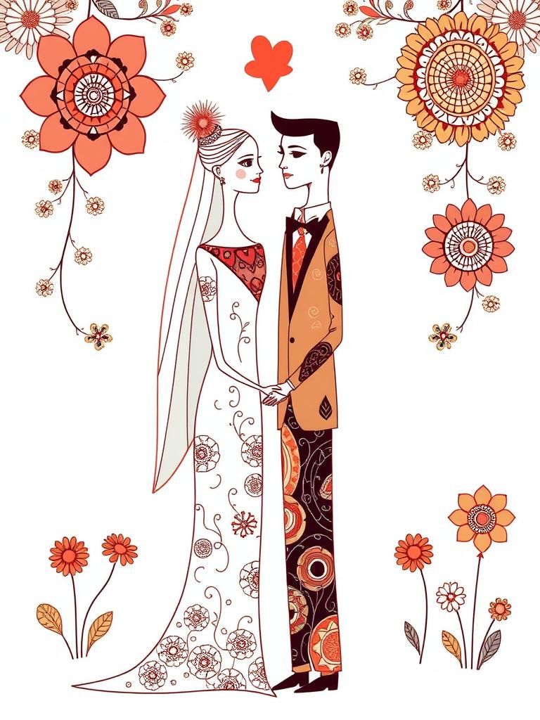 Whimsical Abstract Wedding Couple in Textile Prints