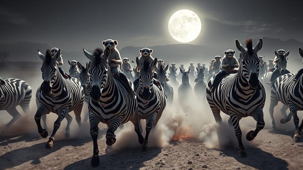 Zebras and Meerkats Charge Under Neon Moonlight