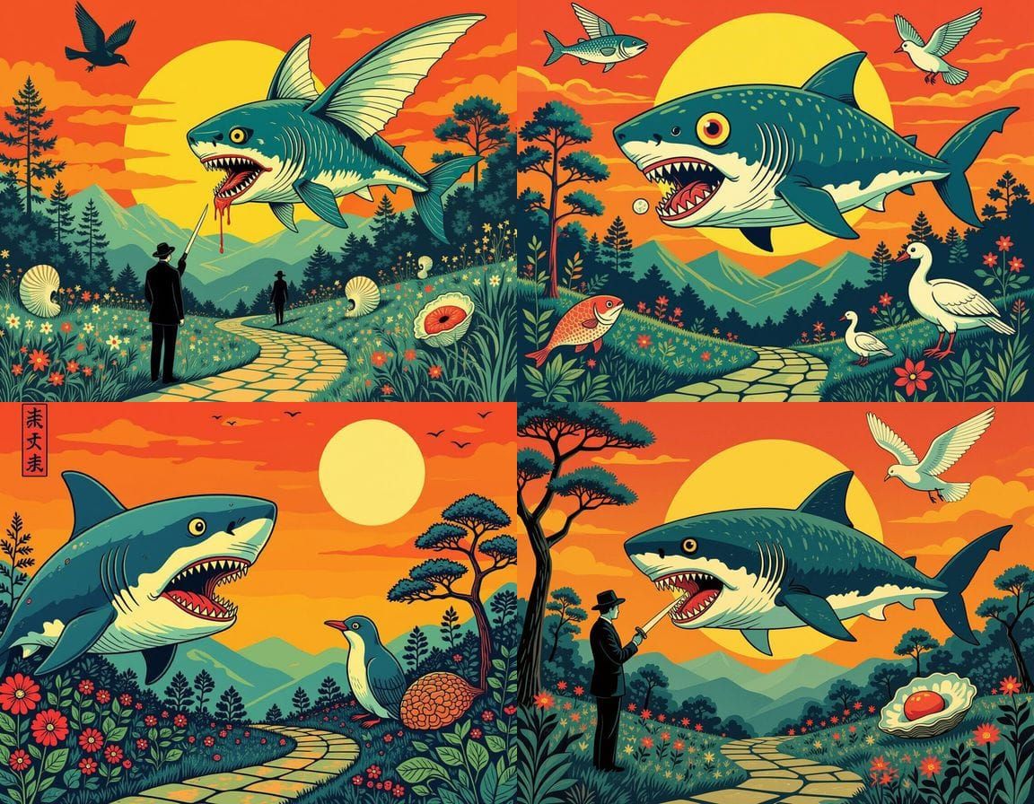 Mutant Horror Whale with Wings and Shark Features in Surreal...