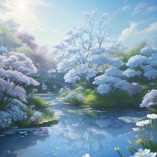 Anime Fairy with Blue Hair in Flower Pond